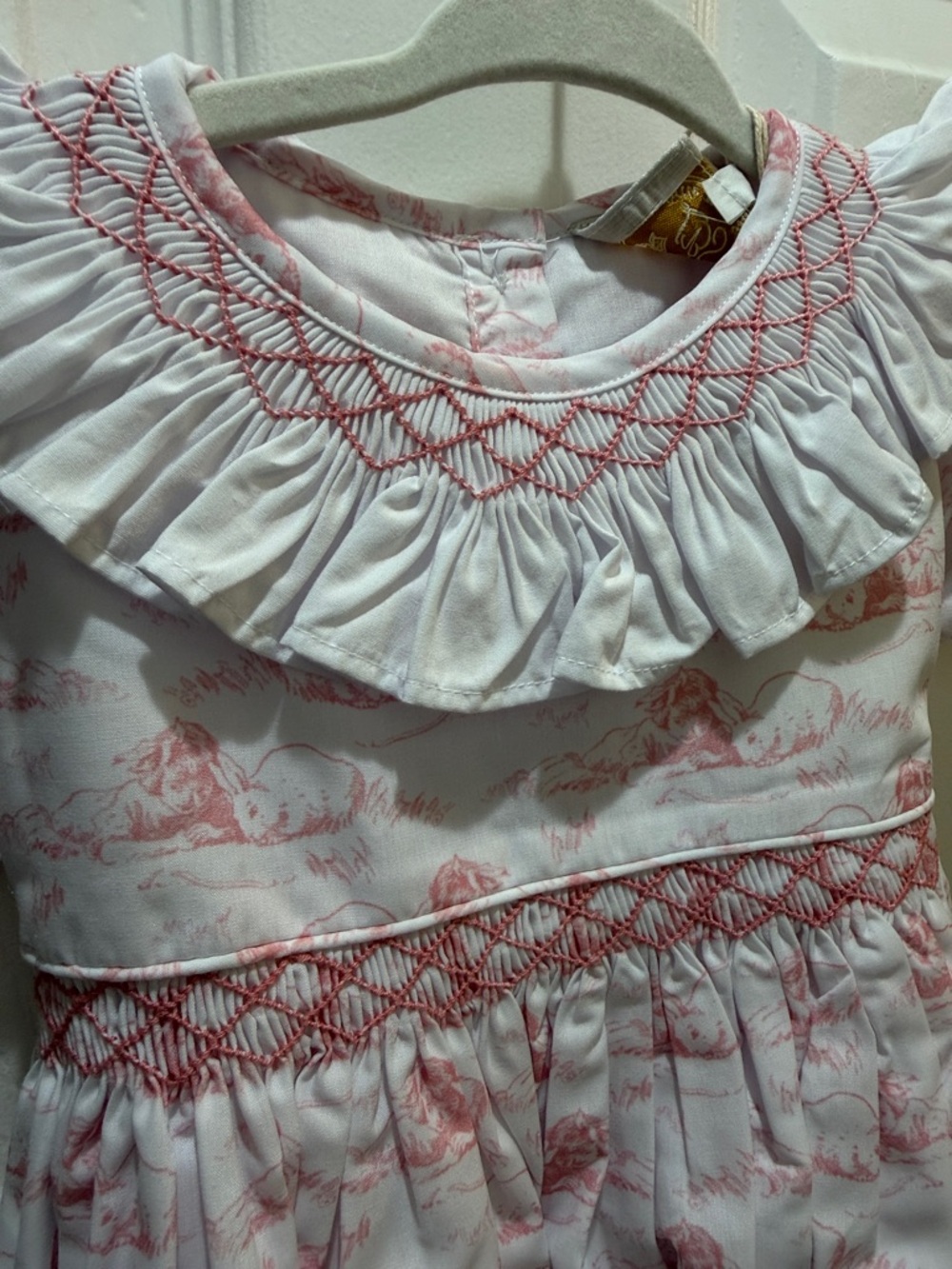 White Romper with Pink Toile Print and Ruffle Collar - Picture 2 of 6